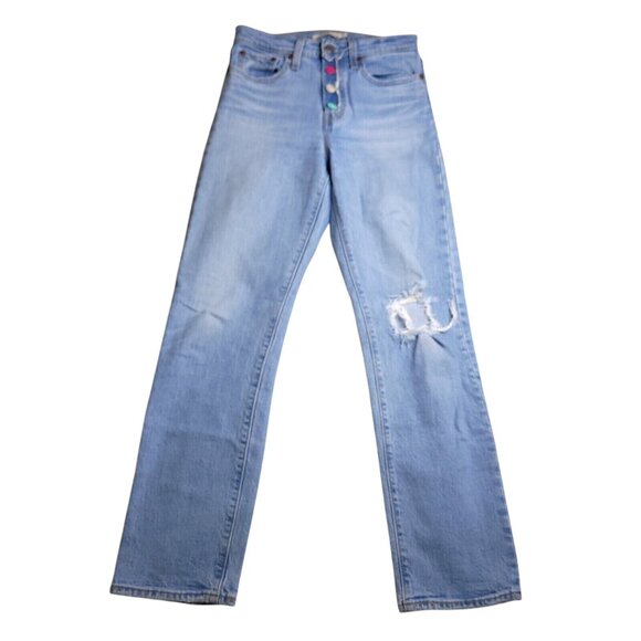 Levis Womens Wedgie Straight Jeans 25 Button Fly Light Wash Distressed Stretch - Picture 5 of 9